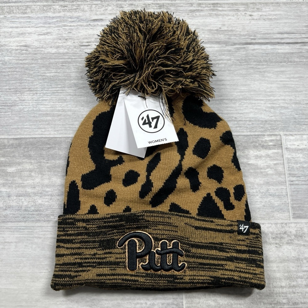 Pittsburgh Panthers 47 Brand Women's Pom Knit Leopard Print Rosette Cuff Hat NWT